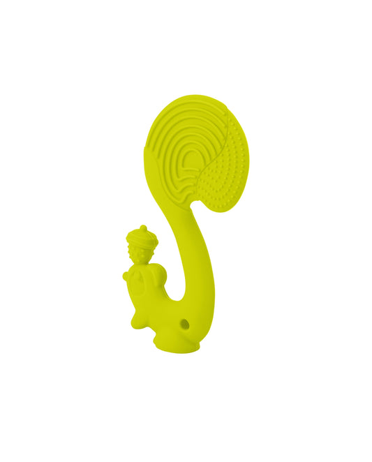 Bright yellow silicone squirrel-shaped teether with textured tail tåler oppvaskmaskin from ekorn grønn
