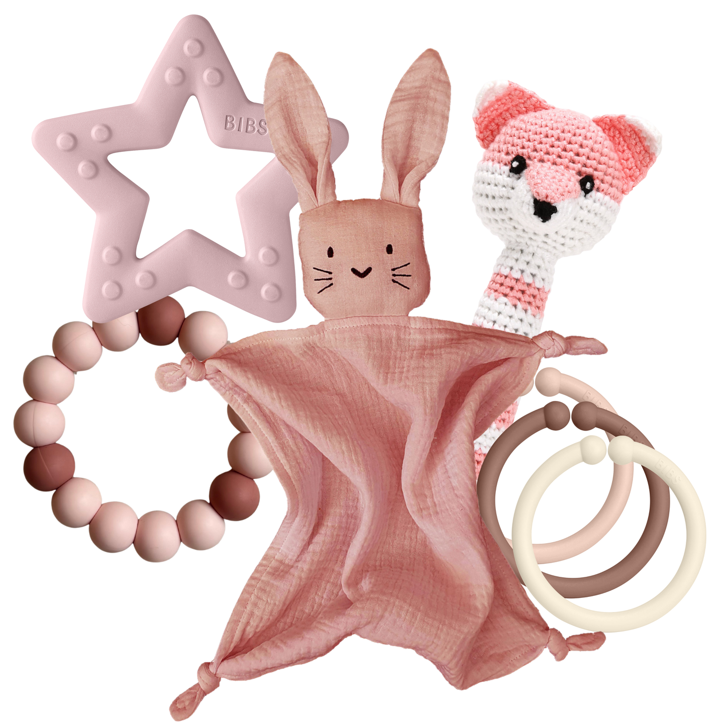 Rosa silikon stjerne biteleke med hevede prikker og bibs preget overflate i babyshower gavesett rosa perfekt for ventende mamma