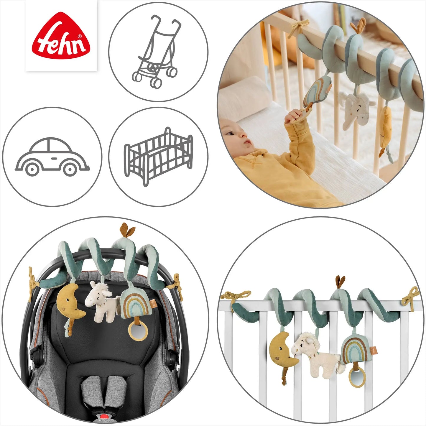 Spiralleke blå hest myk teal spiral baby mobile i økologisk bomull som stimulerer babyens sanser