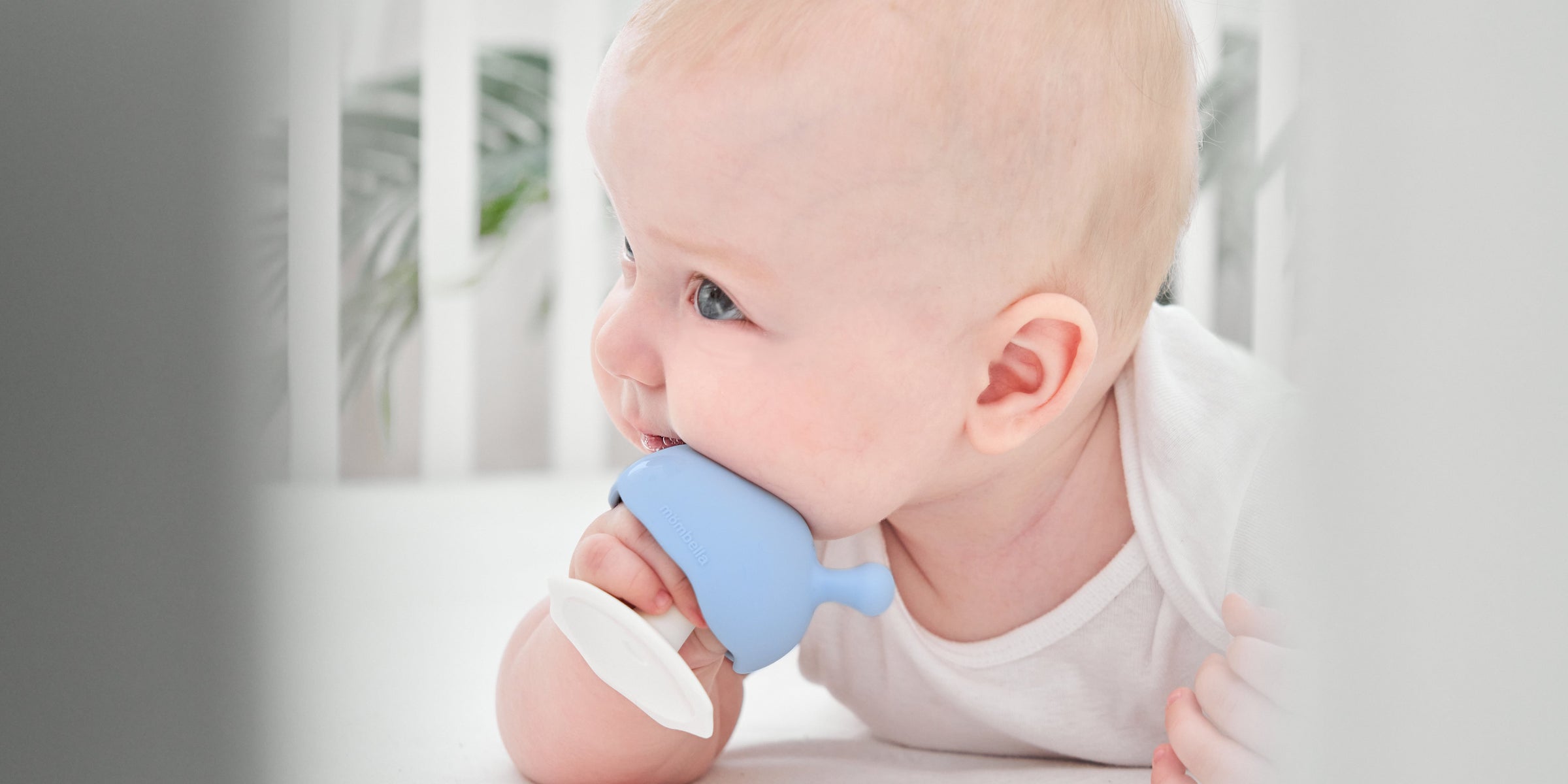 Blå silikon babyteether formet som en hval med hvite detaljer tåler oppvaskmaskin sopp lyseblå