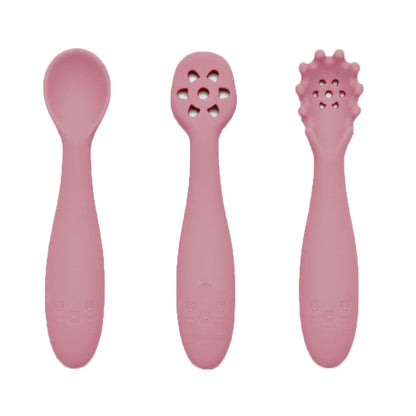 Nybegynnerskjeer i silikon rosa med tre ulike design for baby mating