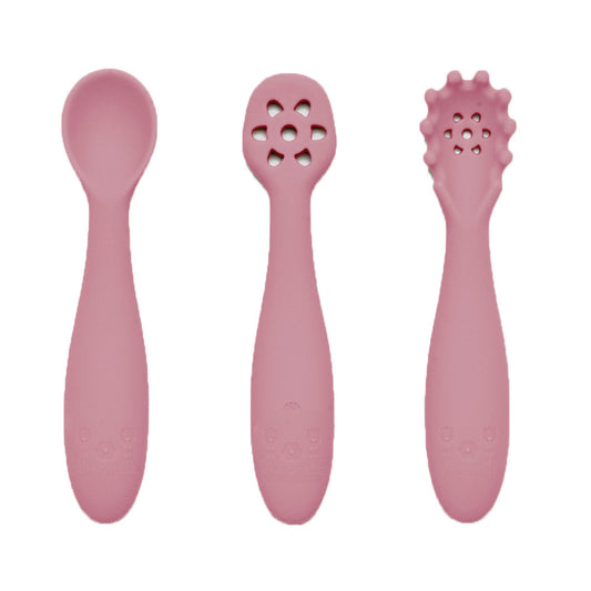 Nybegynnerskjeer i silikon rosa med tre ulike design for baby mating