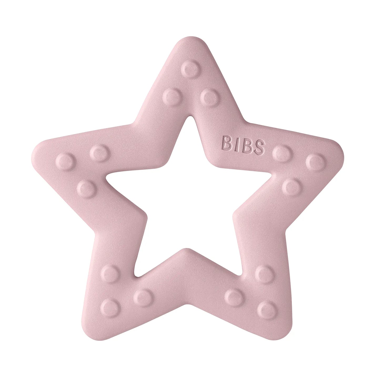 Pink star-shaped funksjonell bitering blush med runde knotter og bibs-logo perfekt tilpasset små munnstillinger