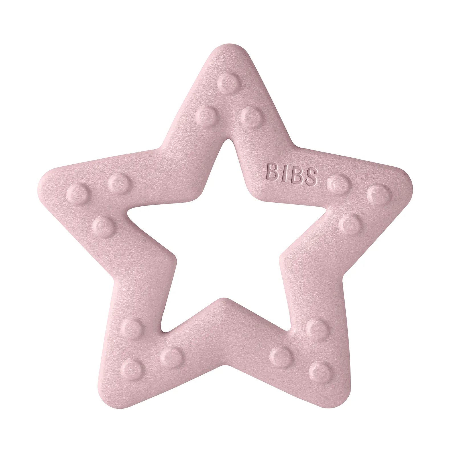 Pink star-shaped funksjonell bitering blush med runde knotter og bibs-logo perfekt tilpasset små munnstillinger