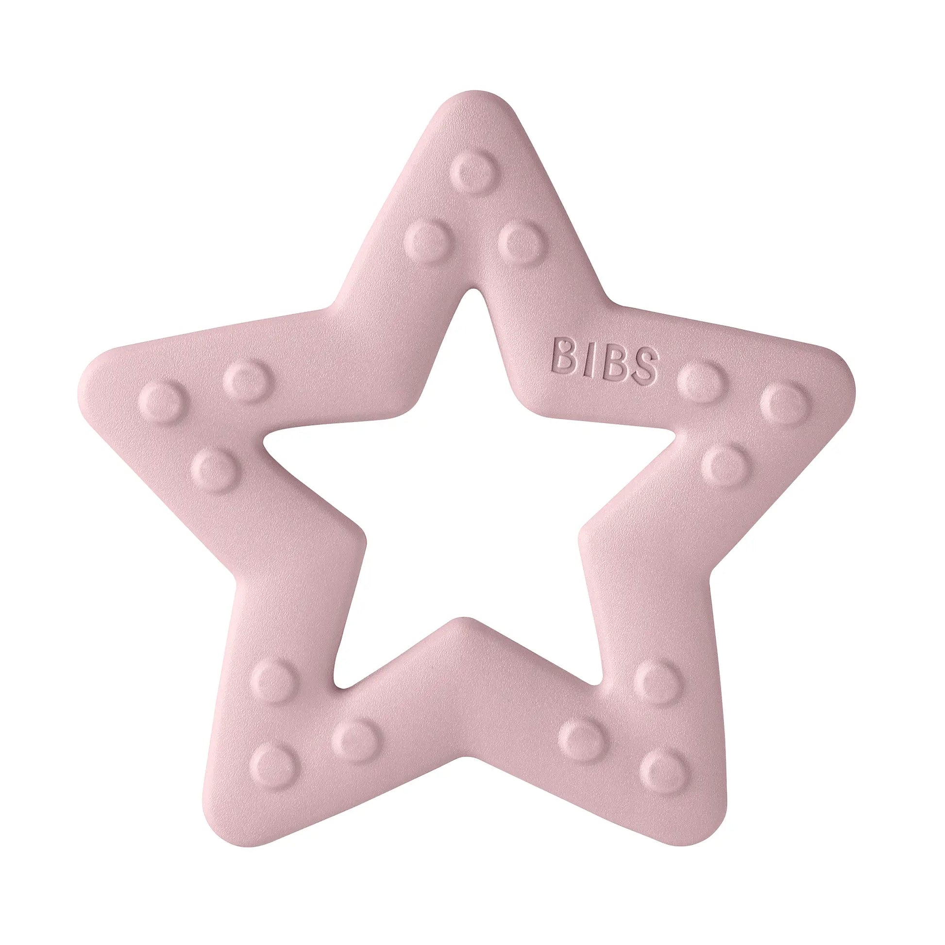 Pink star-shaped funksjonell bitering blush med runde knotter og bibs-logo perfekt tilpasset små munnstillinger