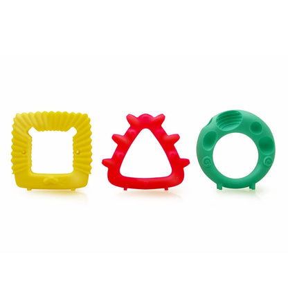 3pk geometri biteleker med matgradert silikon i gult, rødt og grønt som tåler oppvaskmaskin
