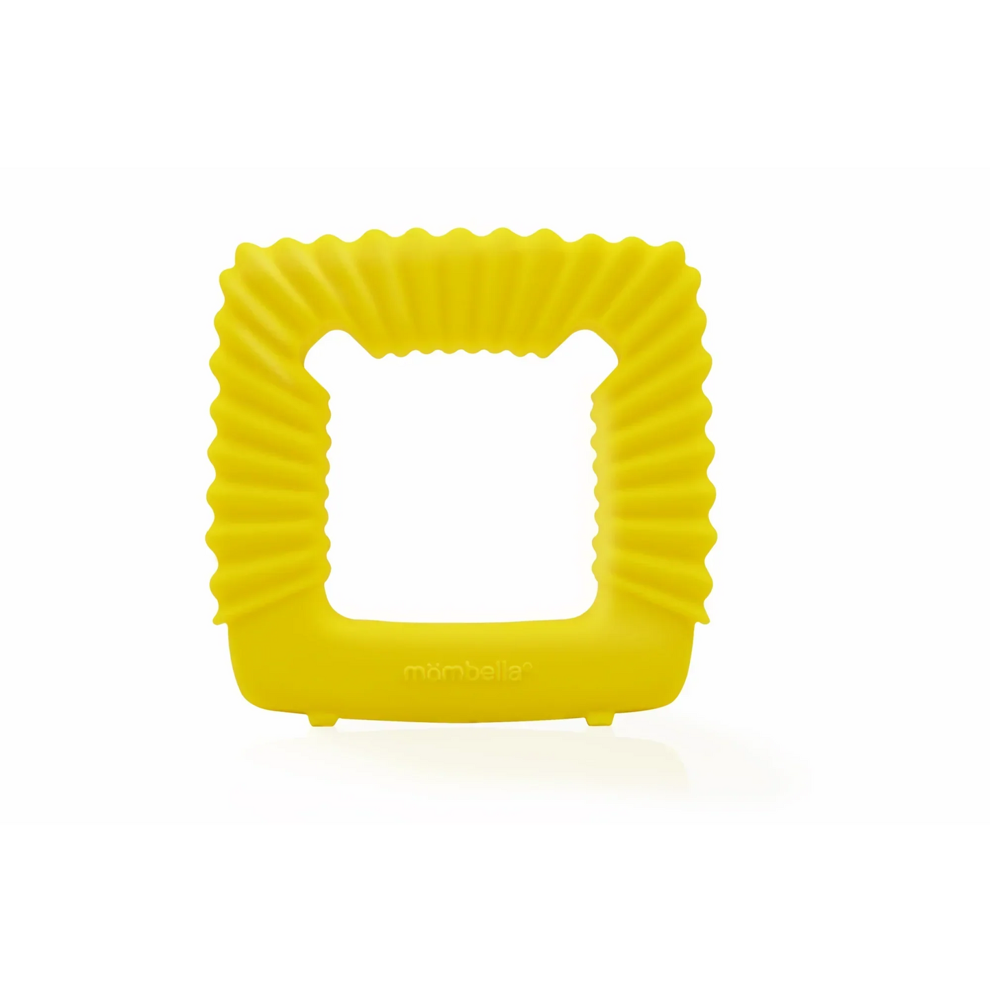 Bright yellow silicone teething ring with square shape and wavy edges made of matgradert silikon and tåler oppvaskmaskin