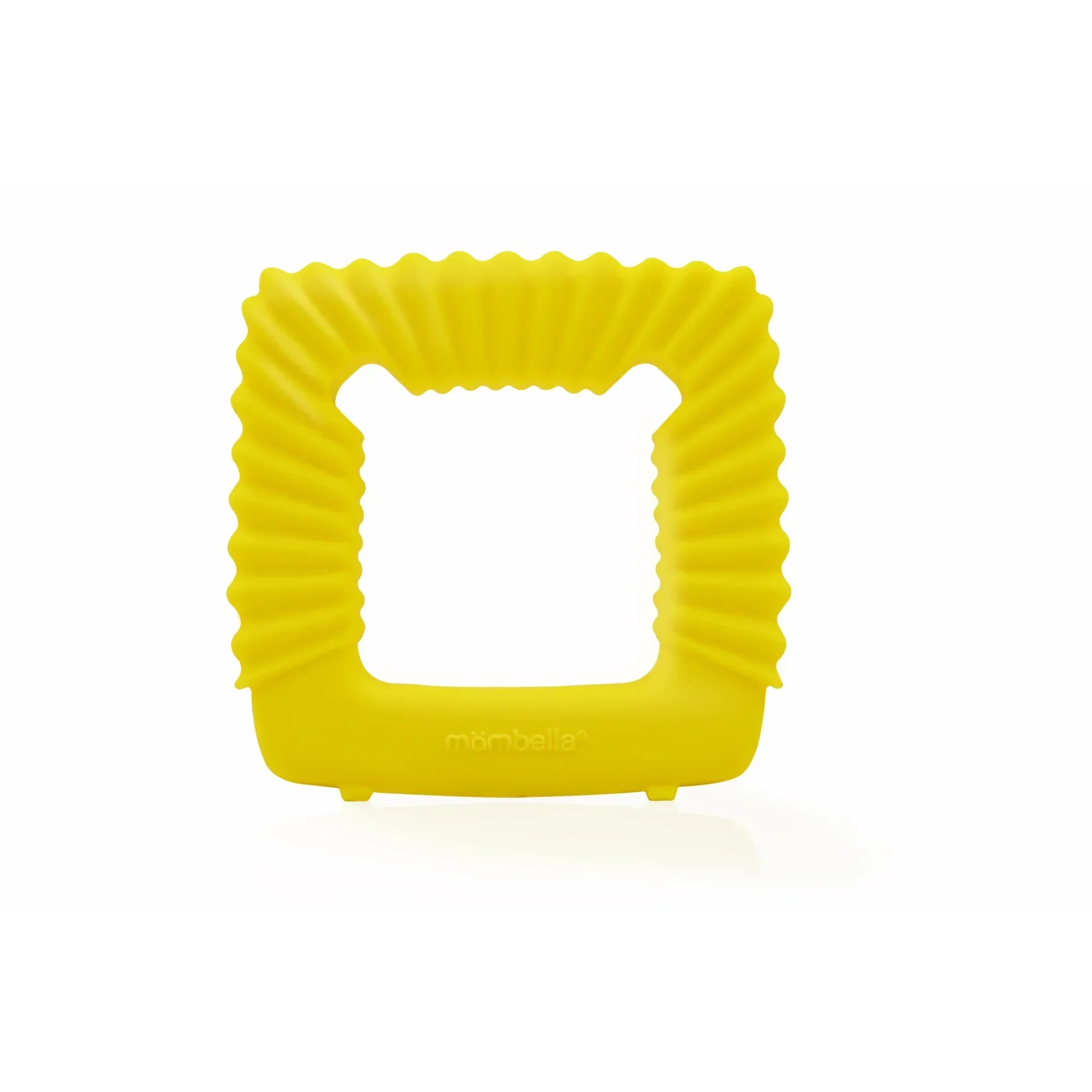 Bright yellow silicone teething ring with square shape and wavy edges made of matgradert silikon and tåler oppvaskmaskin
