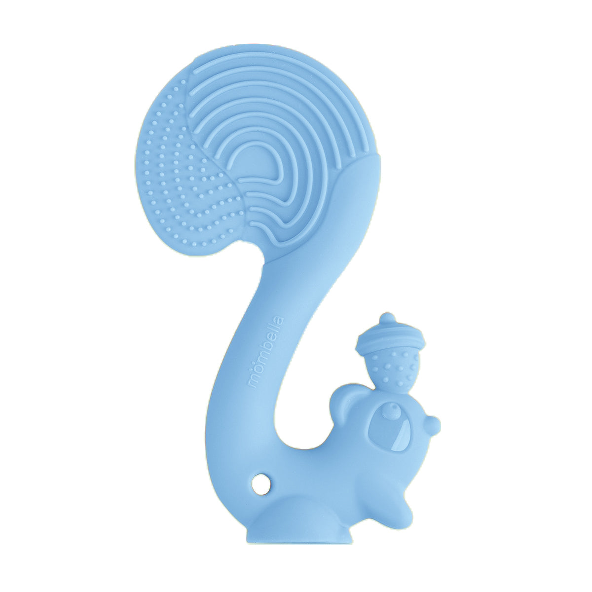 Light blue silicone squirrel-shaped teething toy with ridged back and acorn detail tåler oppvaskmaskin
