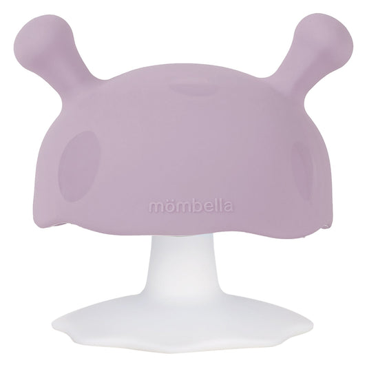 Sopp lavendel silikon babyteether i lavendelfarge med myke runde ører og hvit sugebunn som tåler oppvaskmaskin