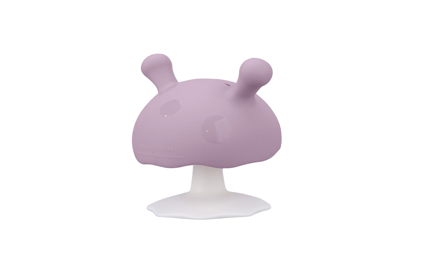 Sopp lavendel babyteether i myk lavendelfarget silikon med hvit base tåler oppvaskmaskin