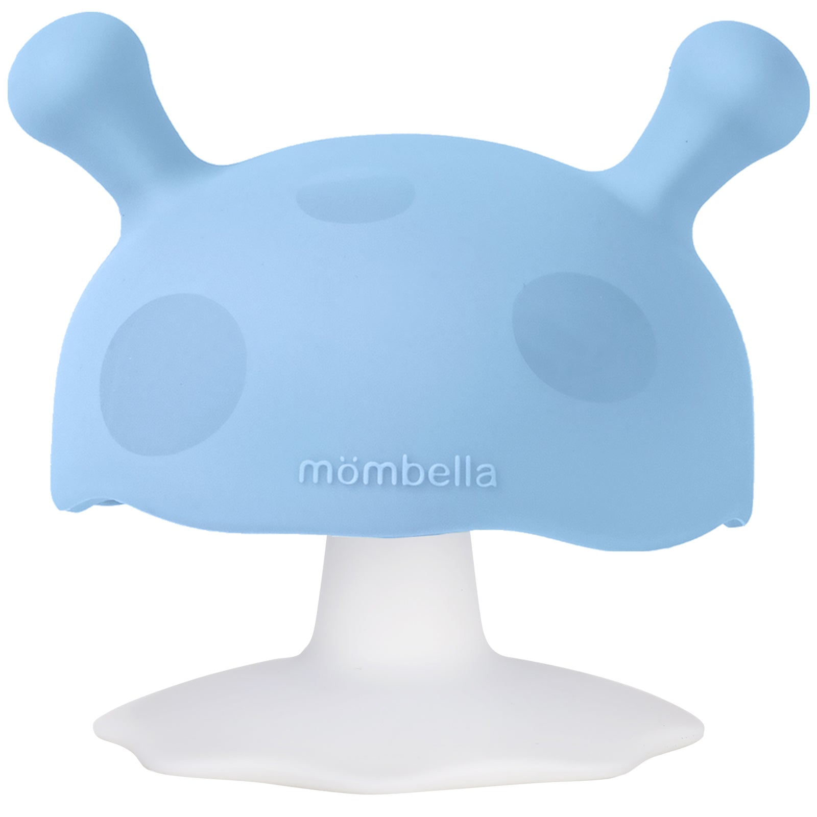 Lys blå silikon sopptannring med hvit sugebunn fra mombella tåler oppvaskmaskin for babyer