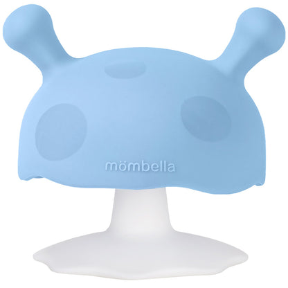 Lys blå silikon sopptannring med hvit sugebunn fra mombella tåler oppvaskmaskin for babyer