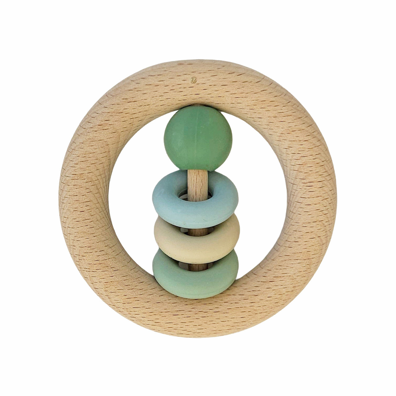A natural wood baby rattle ringrangle grønn with light green sphere and pastel rings on a central stick