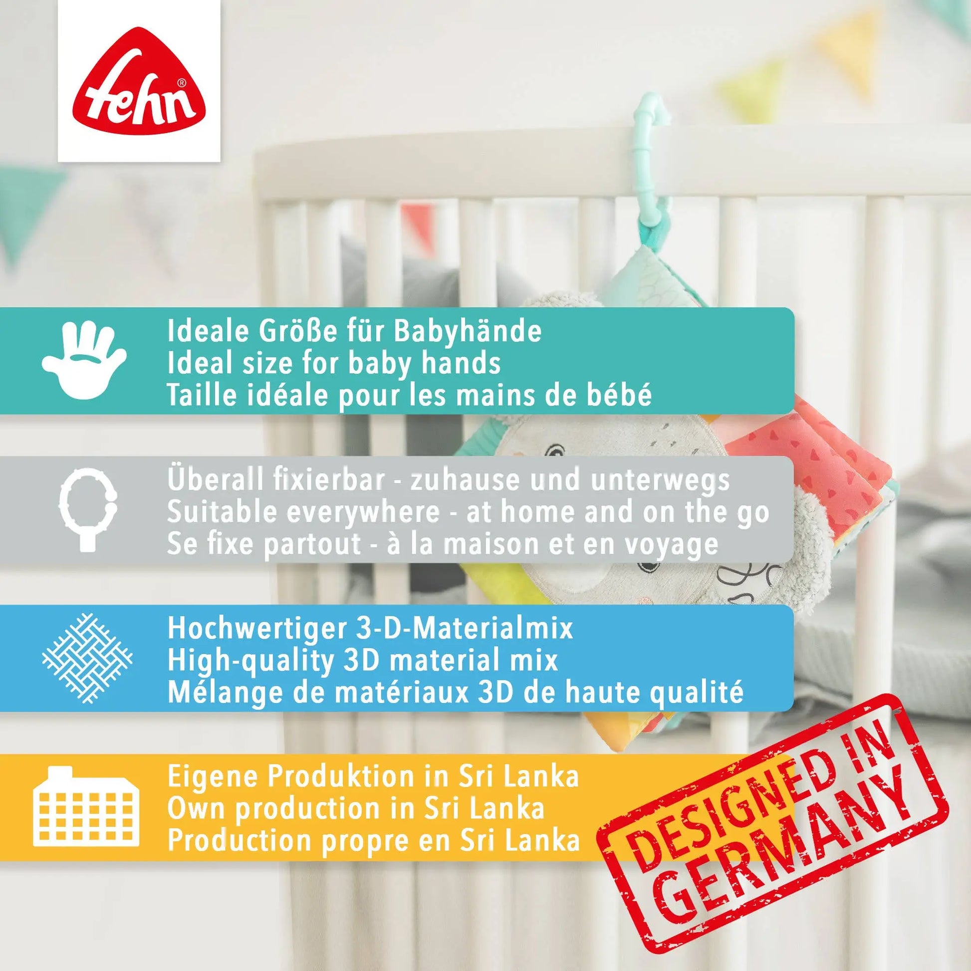 Myk stoffbok aktivitetsbok gul sau. Plastfri, laget i 100% økologisk bomull. Kan henges på vogn, seng eller bilstol.