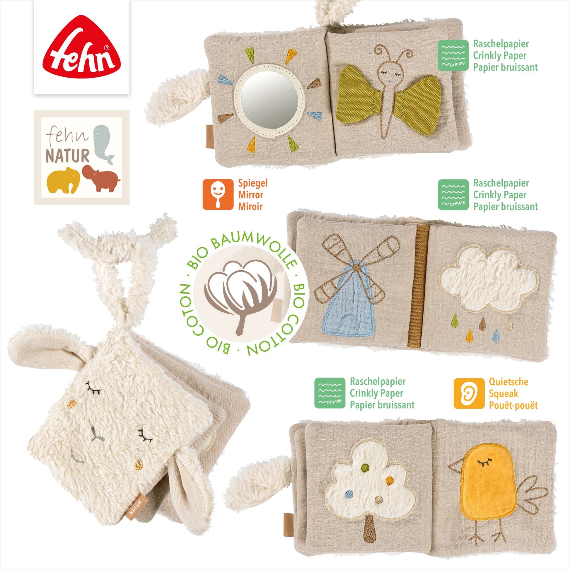 Beige plastfri knitrebok aktivitetsbok med fehn natur broderier og økologisk bomull med knitrete papir sider