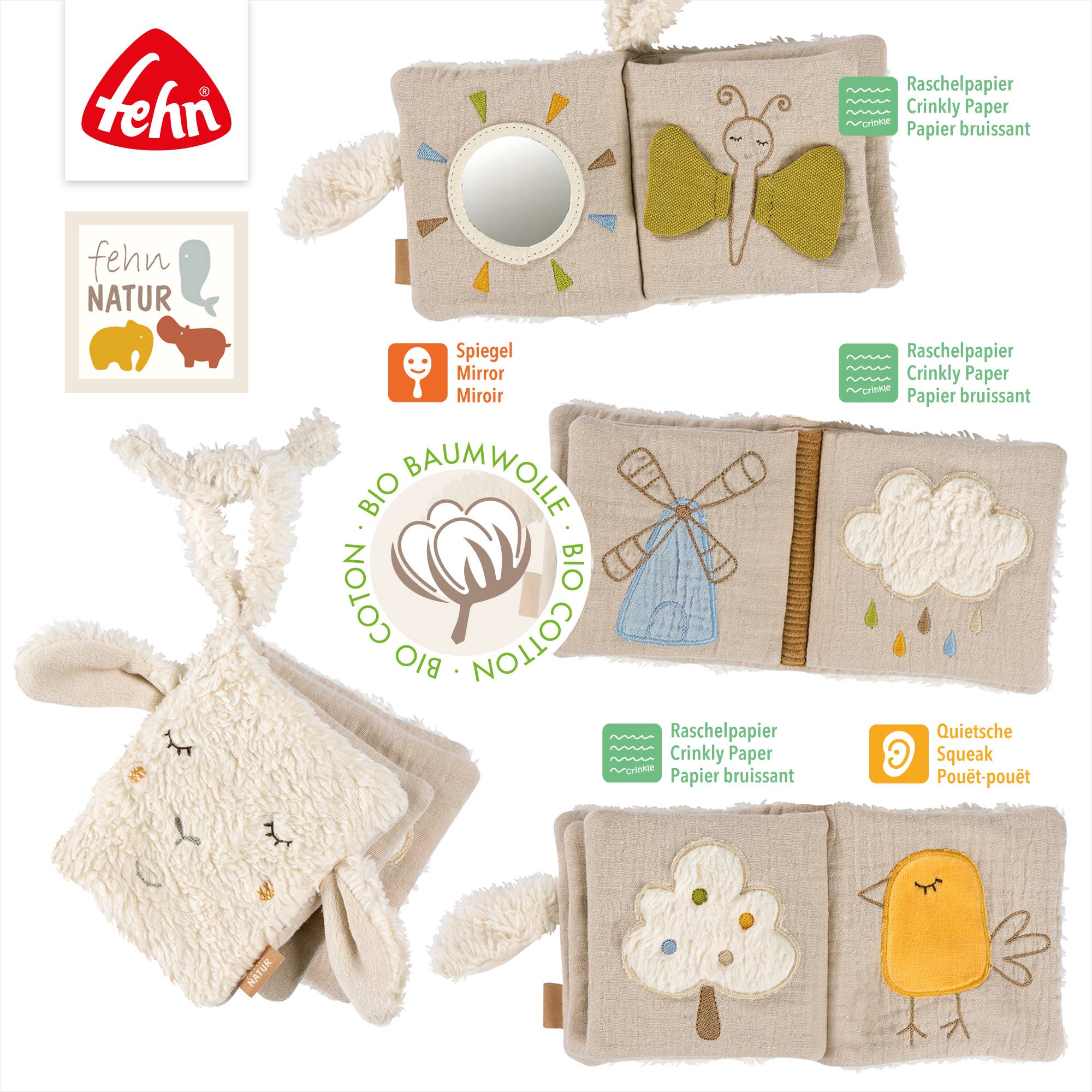 Beige plastfri knitrebok aktivitetsbok med fehn natur broderier og økologisk bomull med knitrete papir sider