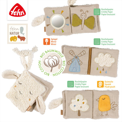 Beige plastfri knitrebok aktivitetsbok med fehn natur broderier og økologisk bomull med knitrete papir sider