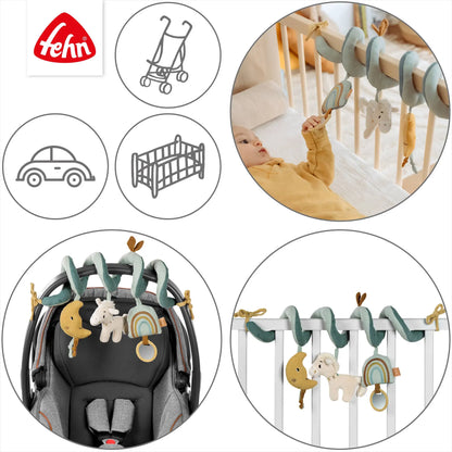 Spiralleke blå hest myk teal spiral baby mobile i økologisk bomull som stimulerer babyens sanser