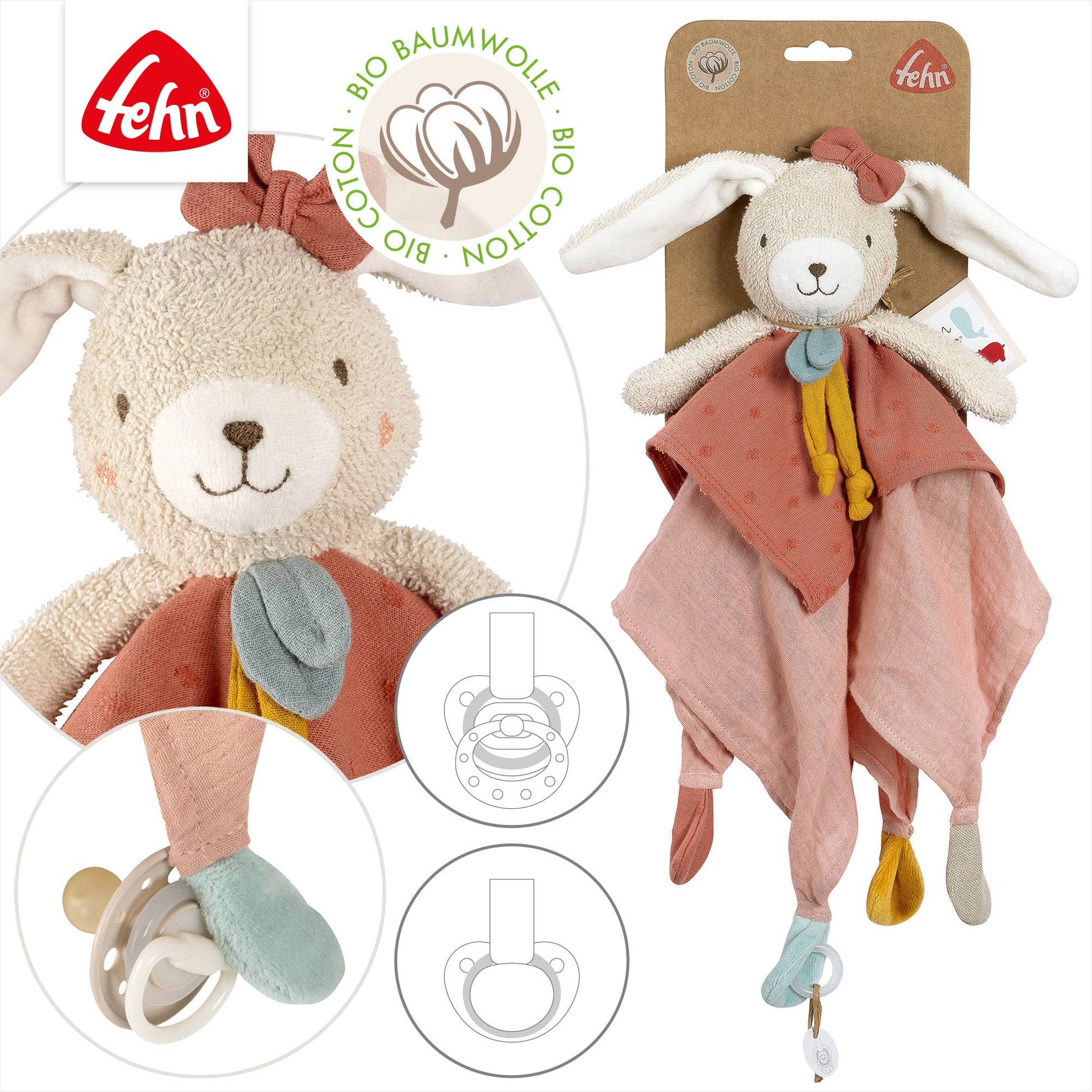 Cotton bunny comforter koseklut deluxe rosa kanin med økologisk bomull, beige kropp, rosa prikket kjole og sløyfe