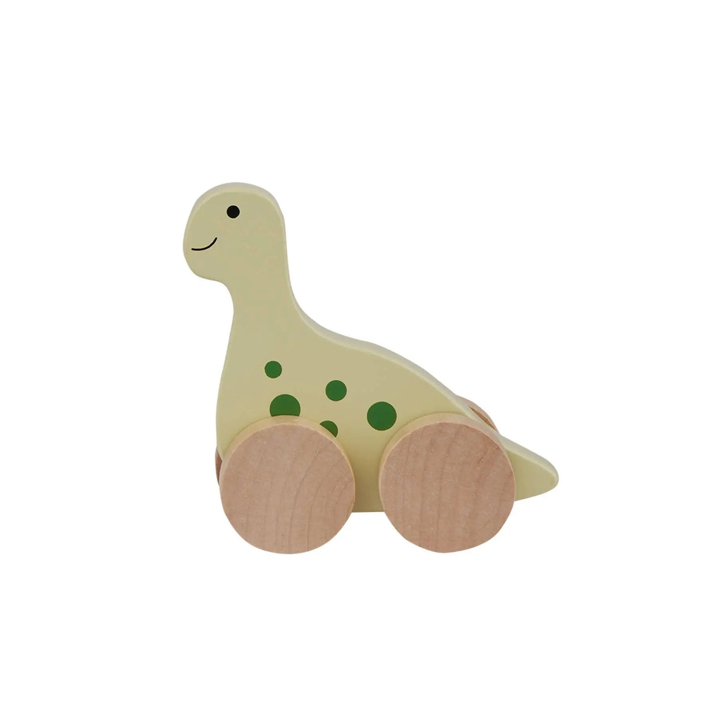 Palegrønn træ dinosaur med mørkegrønne prikker og naturlige hjul som barnet triller og stimulerer lek