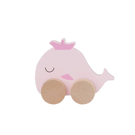 Pink treleke hval med krone og naturlige hjul som stimulerer lek og barnet triller et søtt dyr