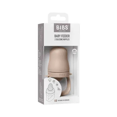 Beige silikon baby feeder med to smokker og håndtak i eske merket bibs for baby utforske fast føde matsmokk blush