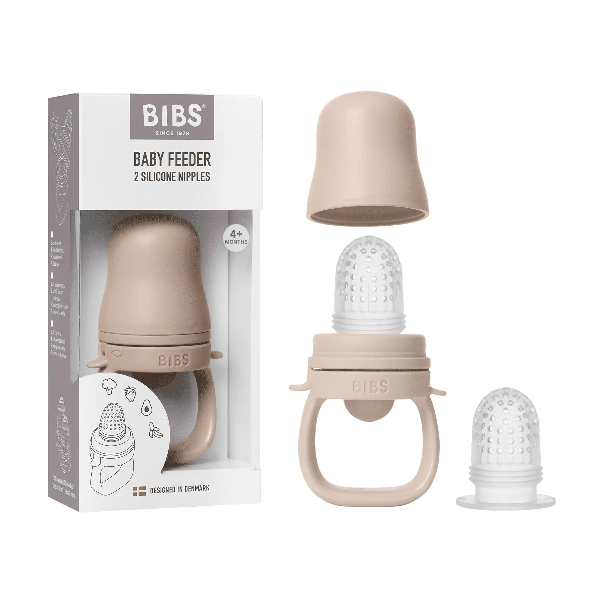 Beige silikon baby feeder matsmokk blush med klare teksturerte smokker og håndtak for baby utforske fast føde