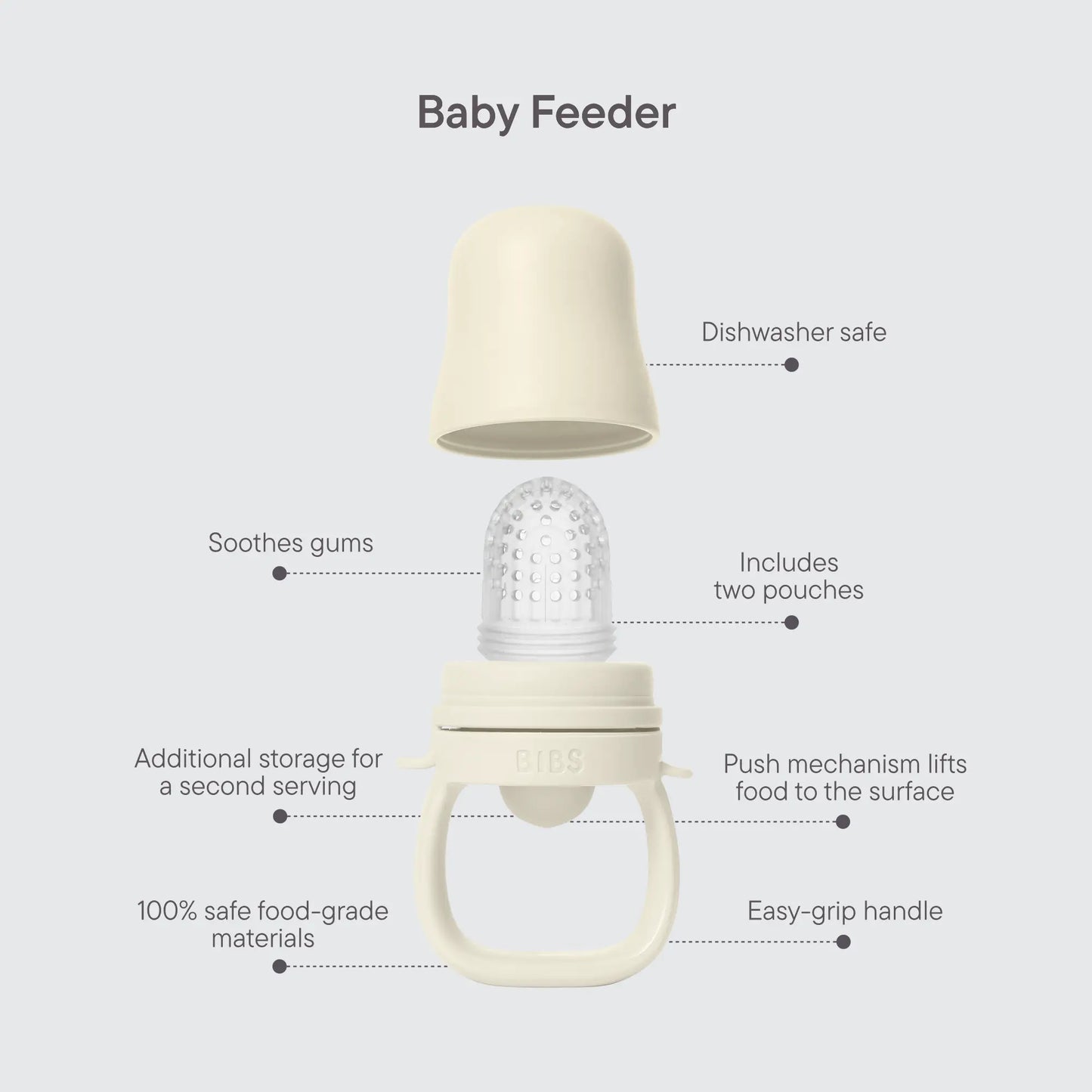 Creamfarget silikon baby feeder matsmokk fossil grey med teksturert mateflate og gripevennlig håndtak for baby utforske fast føde