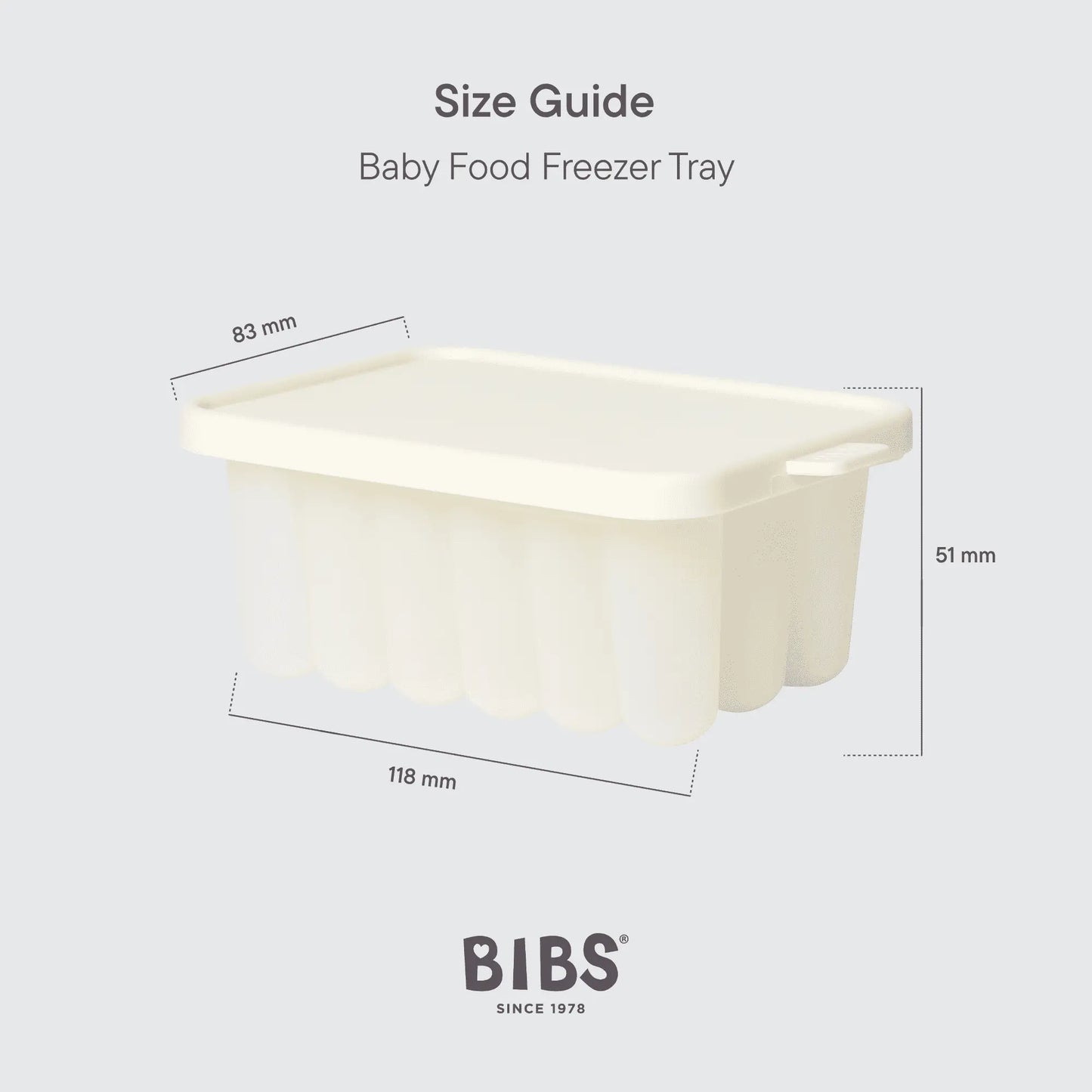 Creamfarget silikon frysebrett med lokk og integrerte håndtak som en praktisk fryseform for babymat