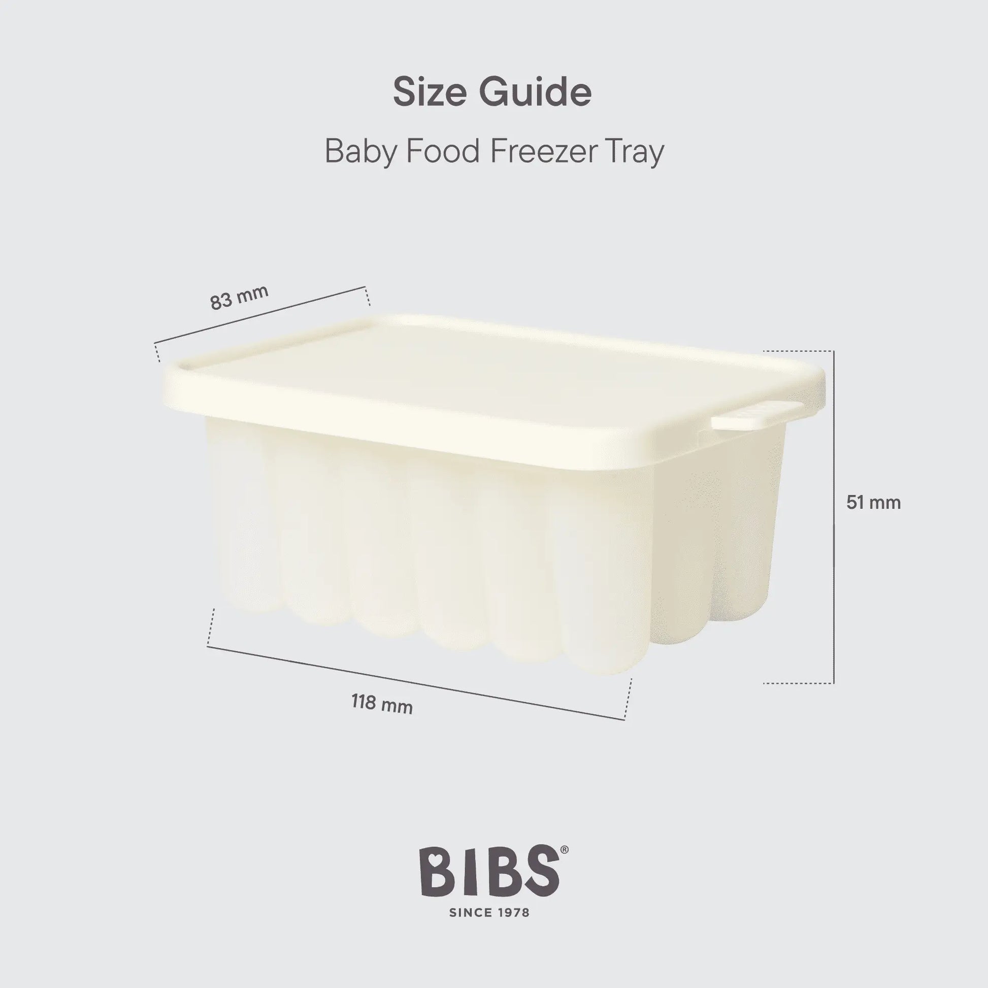 Creamfarget silikon frysebrett med lokk og integrerte håndtak som en praktisk fryseform for babymat