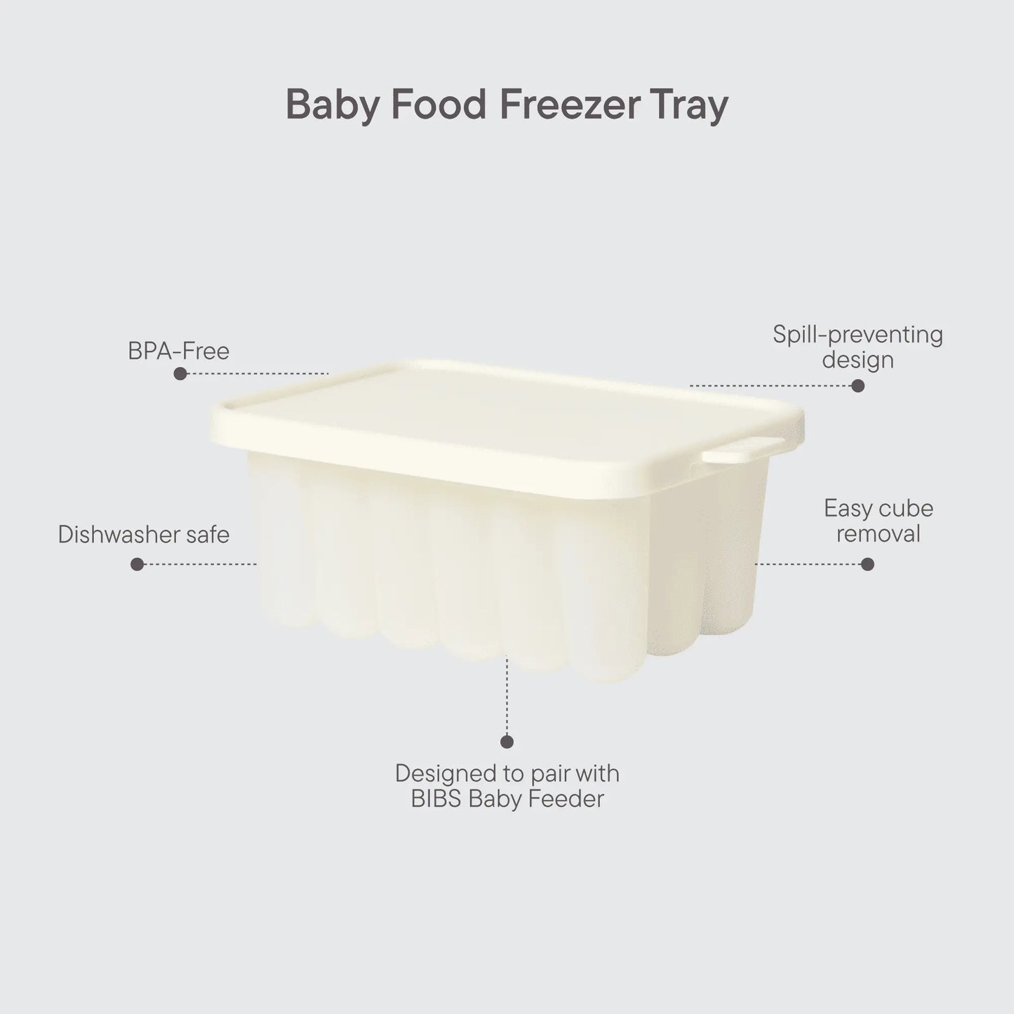 Praktisk fryseform i kremfarget silikon med lokk og sølbeskyttende design for babymatfrysing