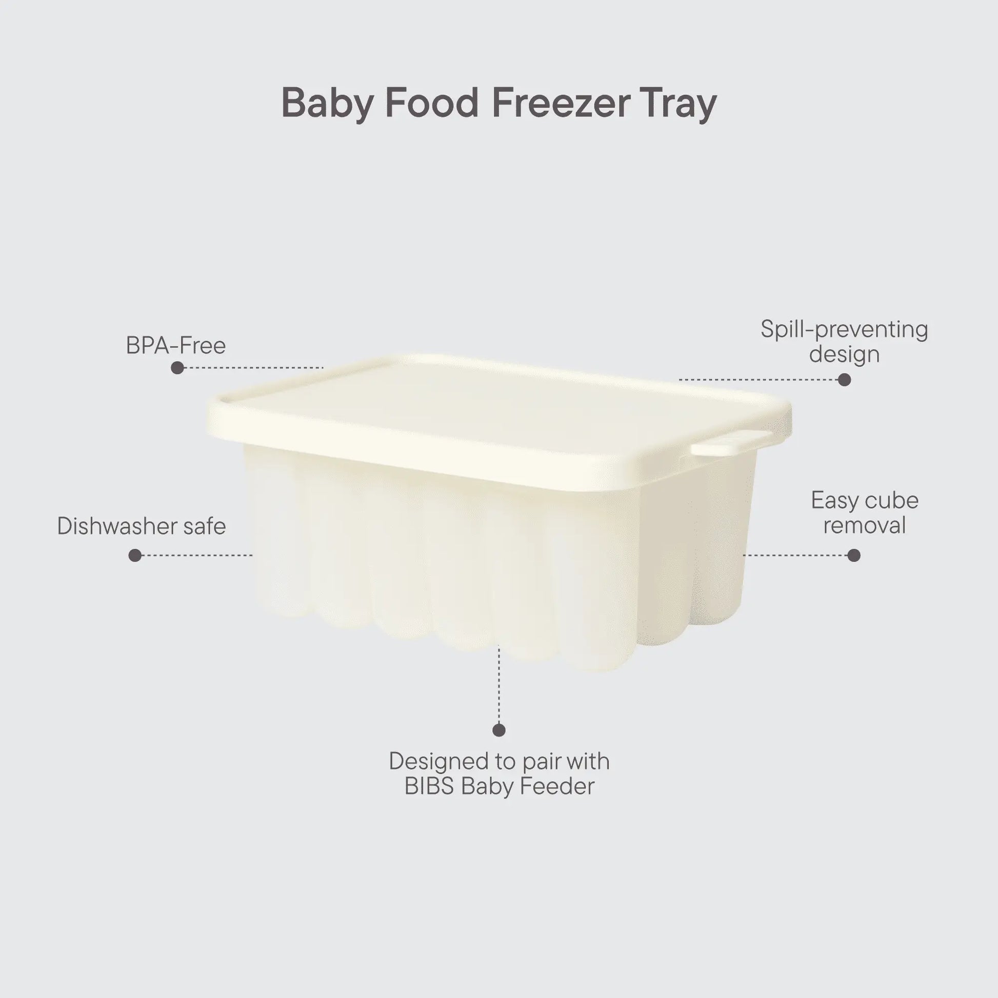 Praktisk fryseform i kremfarget silikon med lokk og sølbeskyttende design for babymatfrysing