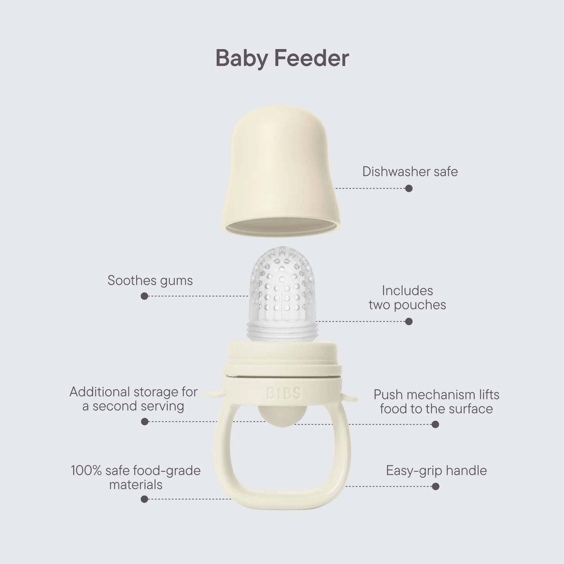 Creamfarget silikonsbabyfeeder matsmokk ivory med transparent teksturert mateflate for baby utforske fast føde