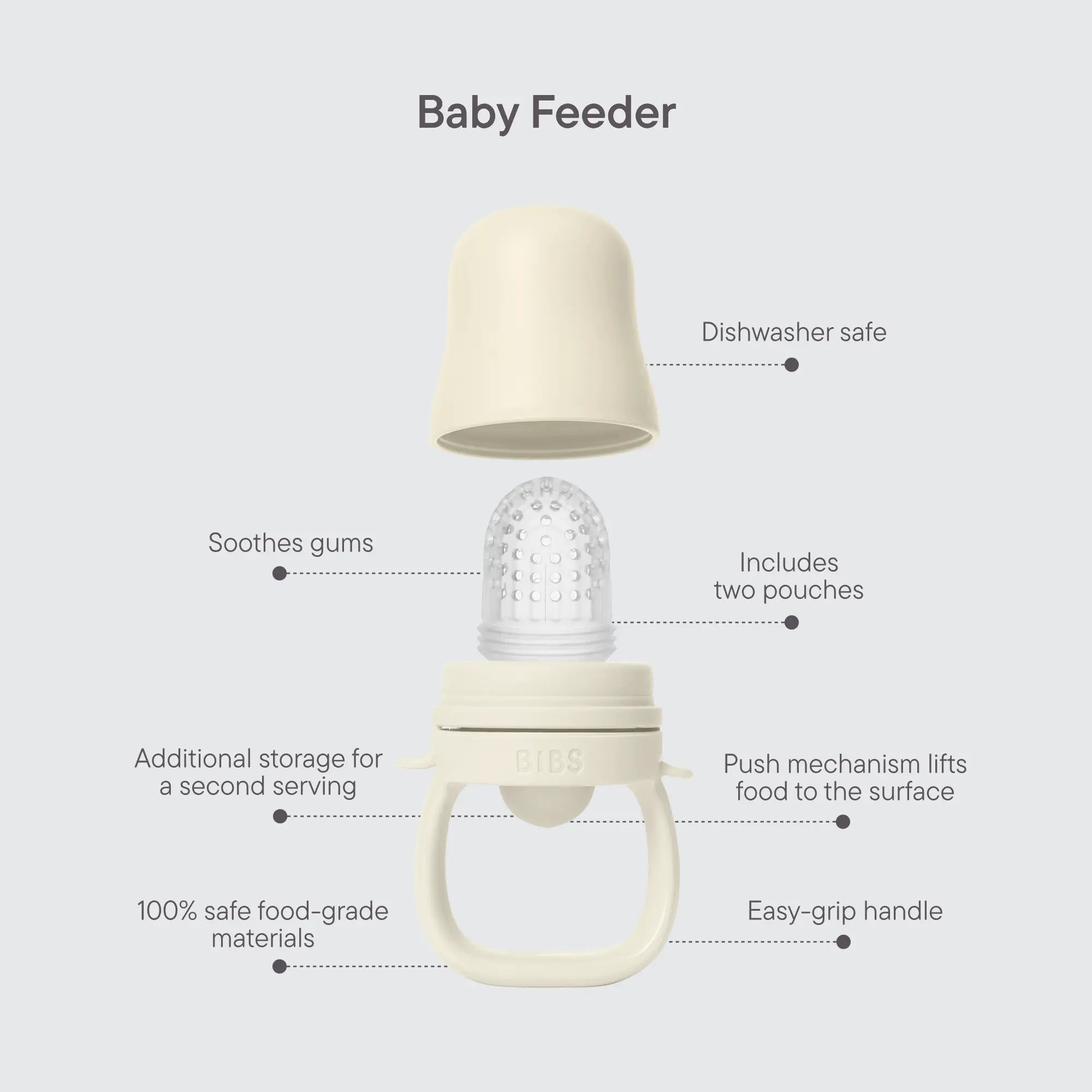 Creamfarget silikonsbabyfeeder matsmokk ivory med transparent teksturert mateflate for baby utforske fast føde