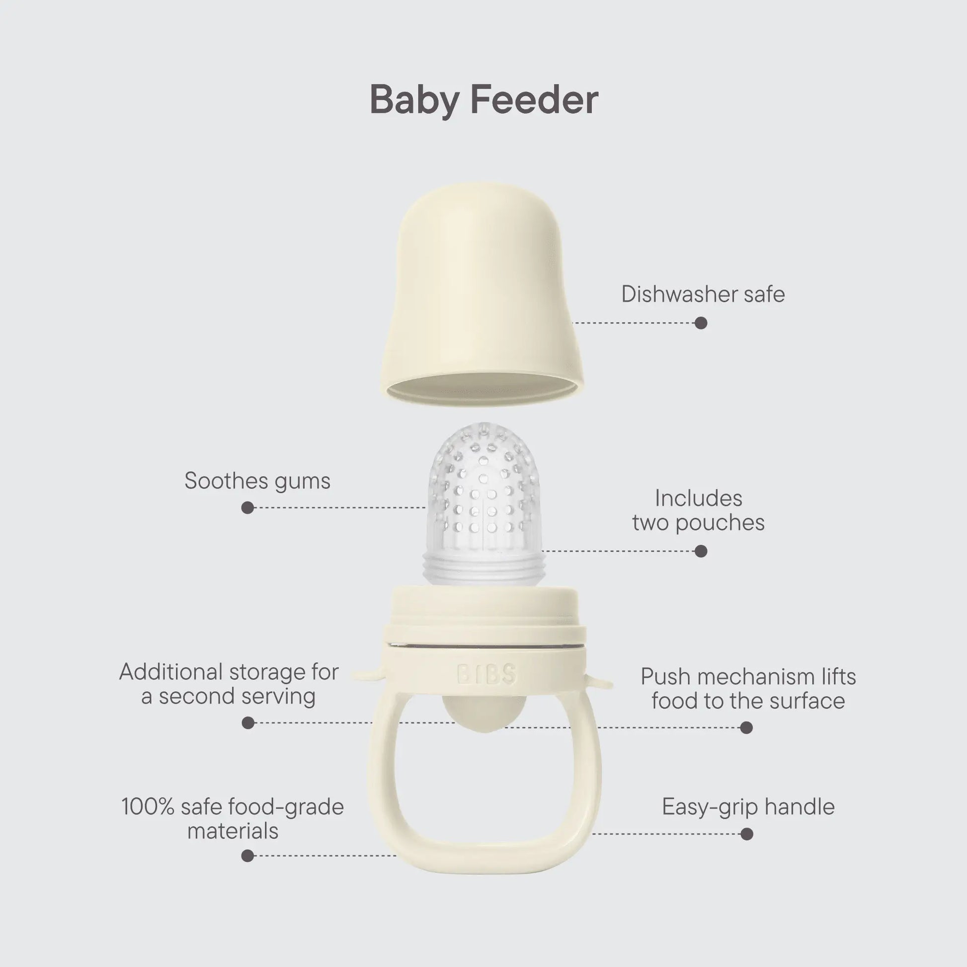 Cream-colored silicone baby feeder matsmokk sage with textured feeding surface and easy-grip handle for baby utforske fast føde