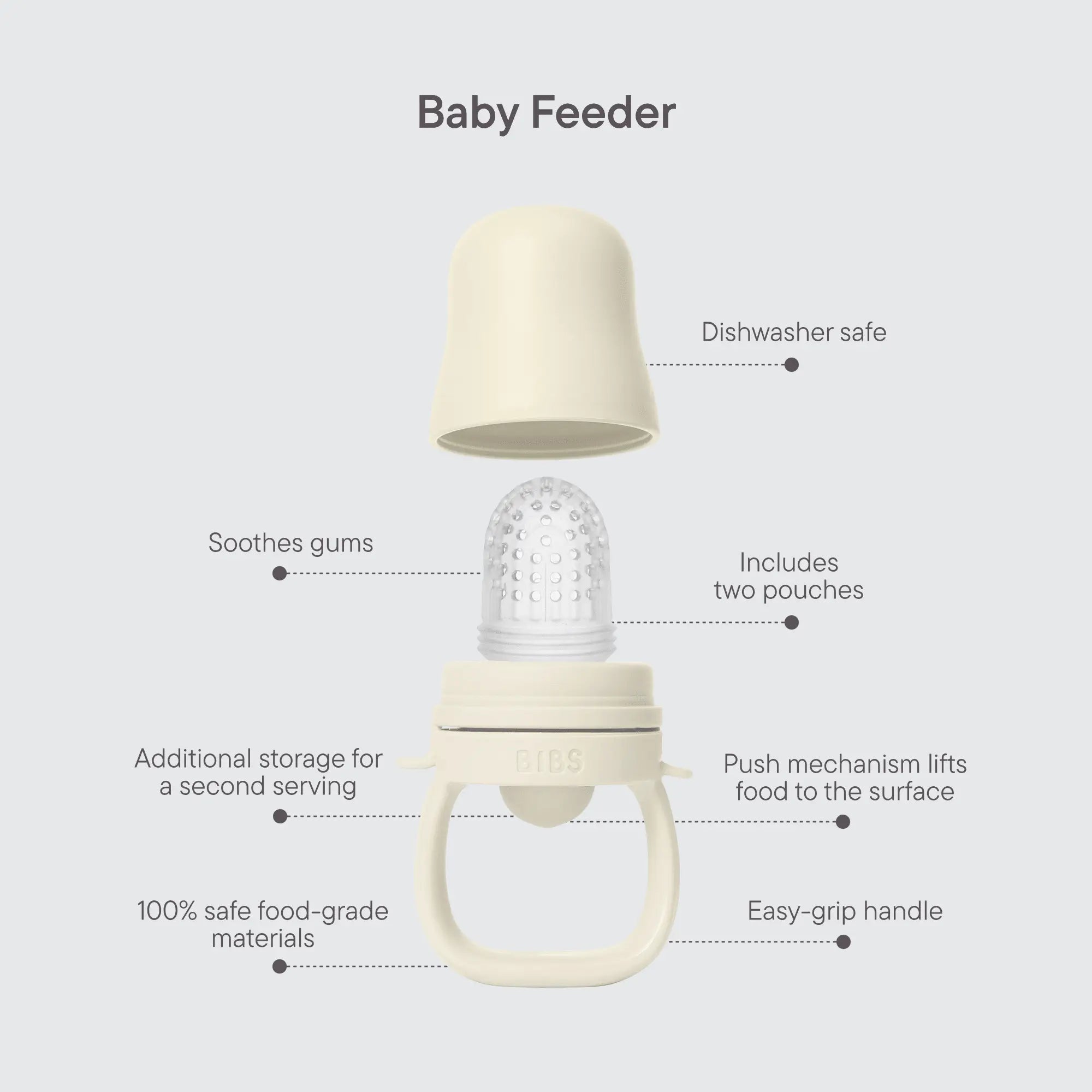 Cream-colored silicone baby feeder matsmokk sage with textured feeding surface and easy-grip handle for baby utforske fast føde