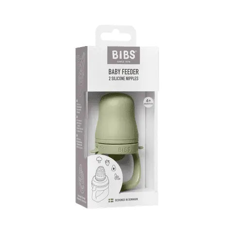 Mint grønn silikon baby feeder med håndtak og to smokker i hvit boks merket bibs for baby utforske fast føde