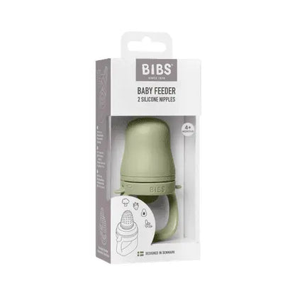Mint grønn silikon baby feeder med håndtak og to smokker i hvit boks merket bibs for baby utforske fast føde