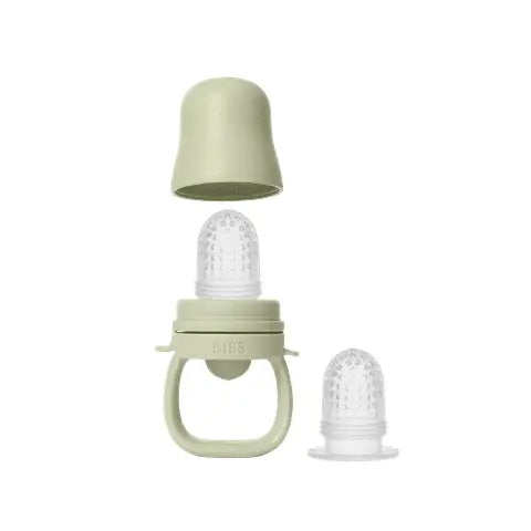 Mintgrønn silikon babyteether med klar plast teksturert innsats og avtagbart lokk for baby utforske fast føde