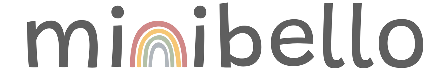 Minibello-logo med en pikselert regnbuebue integrert i bokstavene.
