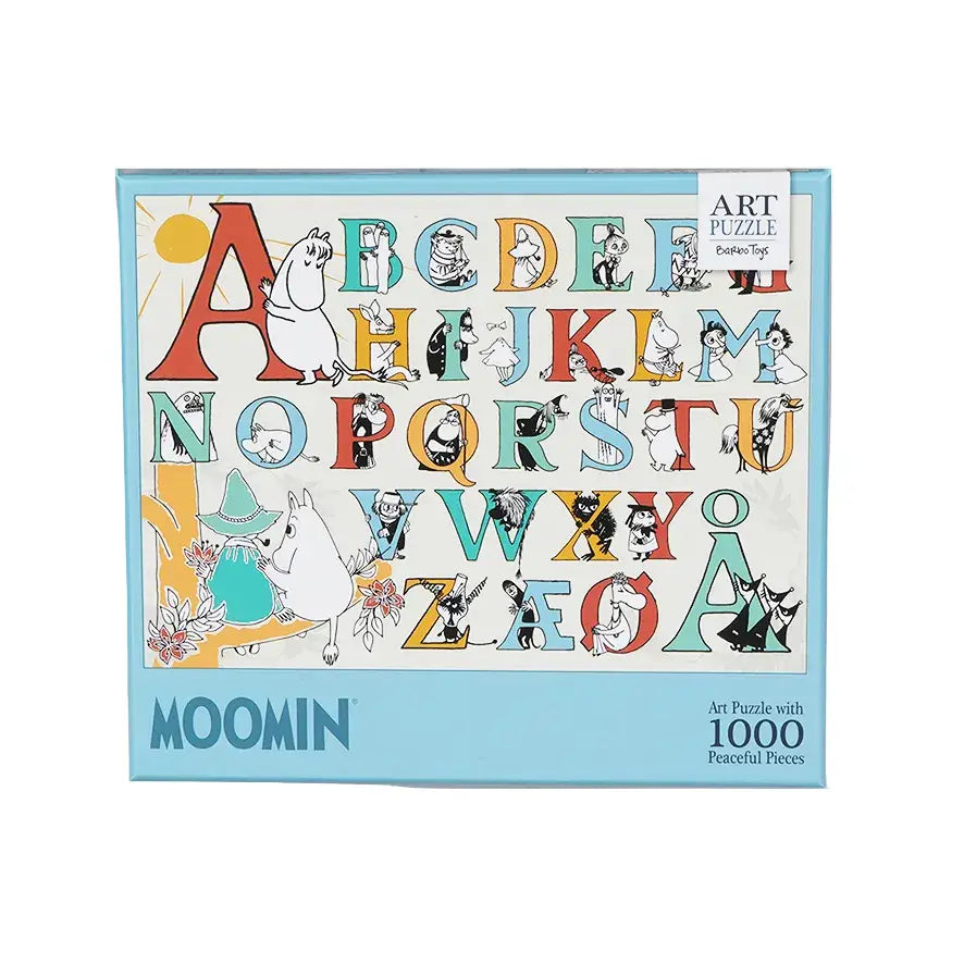 Puslespillet abc moomin med 1000 fargerike brikker og illustrerte bokstaver og figurer for lek og læring