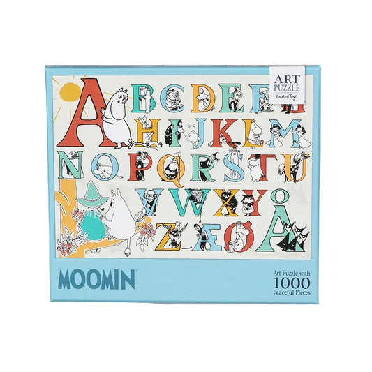 Puslespillet abc moomin med 1000 fargerike brikker og illustrerte bokstaver og figurer for lek og læring