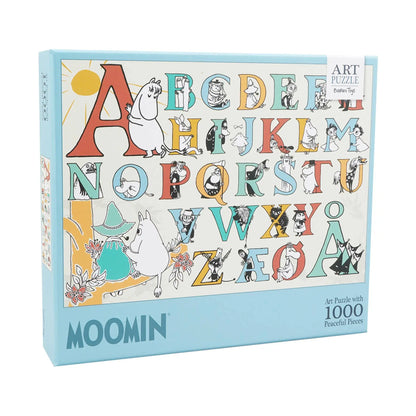 Abc puslespill 1000 brikker med moomin-alfabetkunst og fargerike puslespillbrikker integrert med moomin-figurer