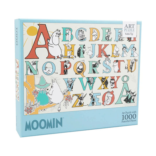 Abc puslespill 1000 brikker med moomin-alfabetkunst og fargerike puslespillbrikker integrert med moomin-figurer