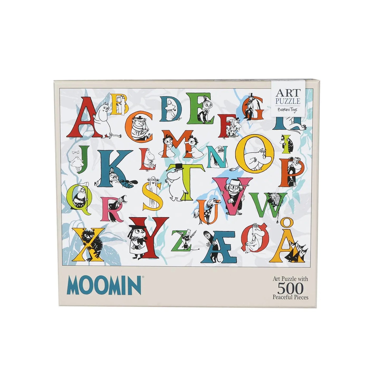 Fargerikt mummi/moomin puslespill med 500 brikker med alfabetmotiv og tegneseriefigurer i levende farger