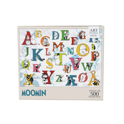 Fargerikt mummi/moomin puslespill med 500 brikker med alfabetmotiv og tegneseriefigurer i levende farger