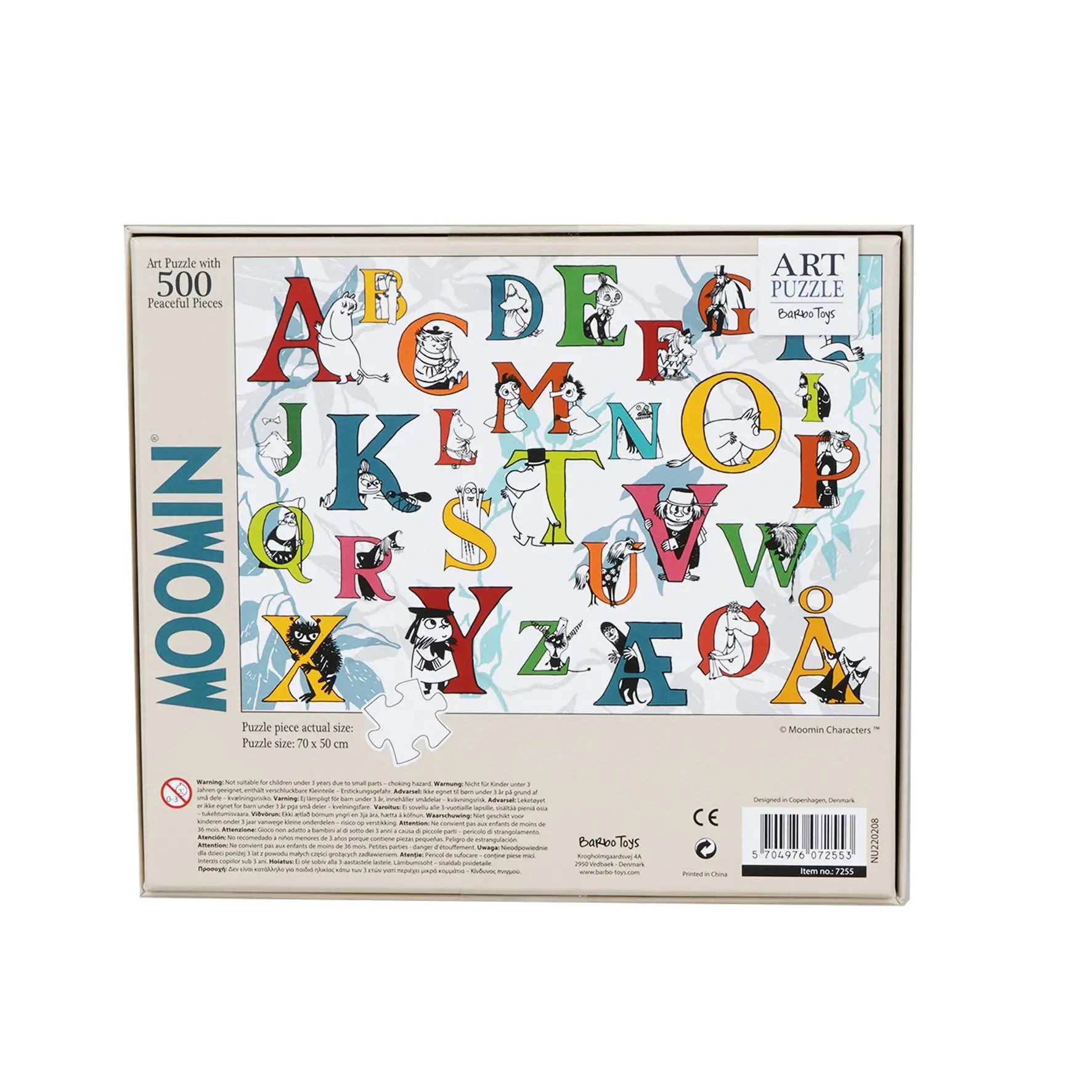 Fargerikt moomin puslespill med 500 brikker og alfabetdesign designet av barbo toys i nydelige farger.