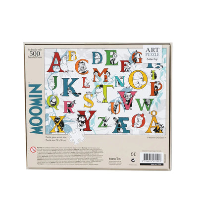 Fargerikt moomin puslespill med 500 brikker og alfabetdesign designet av barbo toys i nydelige farger.