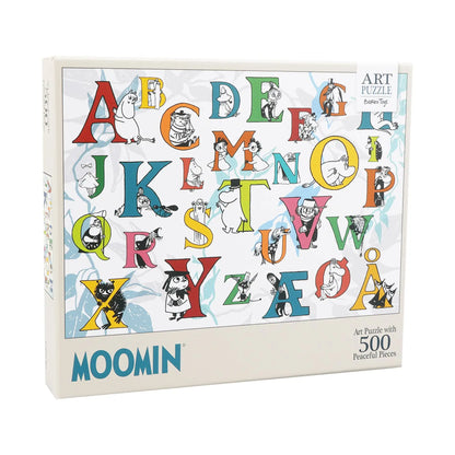 Fargerikt mummi/moomin puslespill med 500 brikker med alfabetmotiv og tegneseriefigurer i levende farger